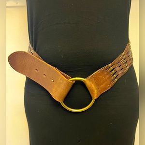 Vintage Linea Pelle Wide Woven M Brown Leather Brass Buckle Women’s Belt Boho